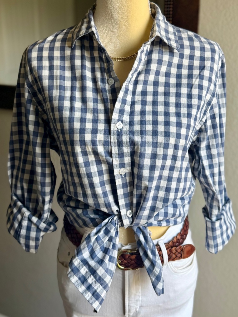 Women's Goodthreads Slim Fit Gingham Button Up Shirt Navy Blue White Small